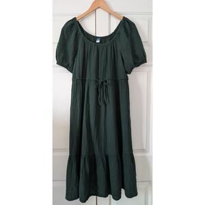 Old Navy Green Cotton Midi Puff Sleeve Dress
